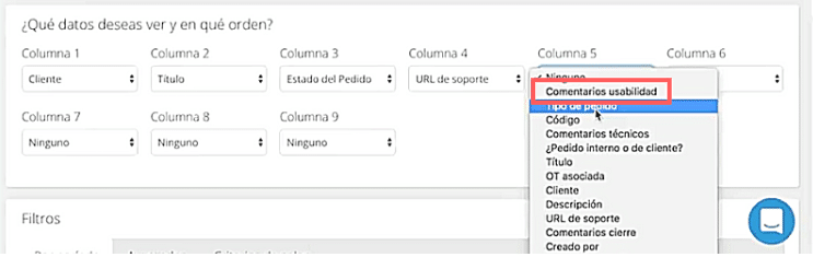 Vista de columnas del filtro modificado