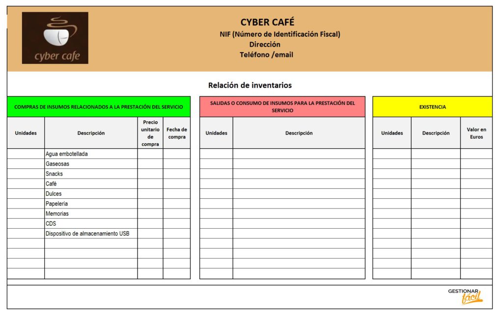 Relación de inventarios para un cibercafé.